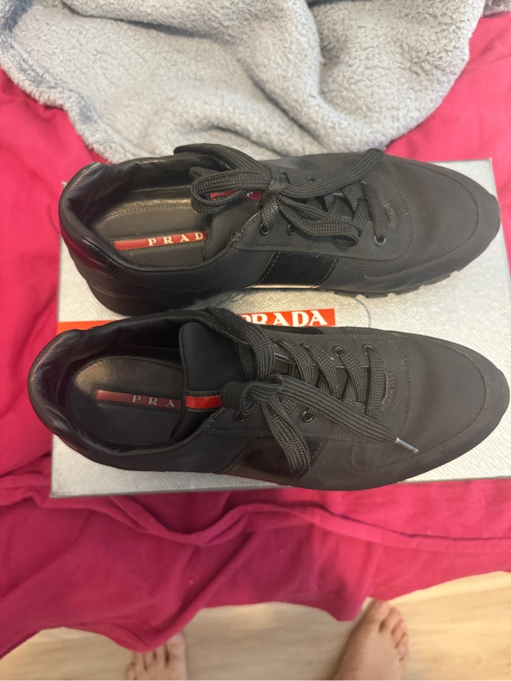 Prada Black Lace-Up Low-Top Sneakers with Red Accent - Picture 5 of 6